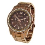 Chocolate Geneva Crystal Rhinestone Chronograph Watch with Metal Link Band