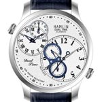 Hamlin Collection quartz movement, stainless steel, white dial, leather strap, chronograph, with date men’s watch. Model number HAVM0701:003