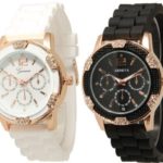 Geneva Black and White Faux Rhinestones Chronograph Silicone Watch