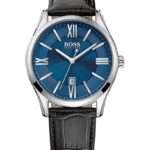 Hugo Boss Men’s 42mm Black Leather Band Steel Case Quartz Blue Dial Analog Watch 1513386