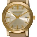 Burberry Women’s BU1398 Check Engraved Gold Dial Check Strap Watch