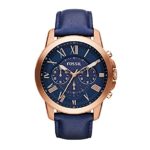 Fossil Men’s 44mm Grant Rose Goldtone Chronograph Watch With Navy Leather Strap