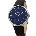 Akribos XXIV Men’s Silver-Tone Case with Textured Blue Dial on Black Genuine Leather Strap Watch AK935SSBU