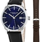 Stuhrling Original Mens Minimalist Swiss Quartz Stainless Steel Dress Wrist-Watch, Quick-Set Date, 2 Easy-Interchangeable Leather Straps – Black and Brown