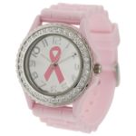 Pink Ribbon Geneva Crystal Rhinestone Breast Cancer Awareness Silicone Rubber Jelly Watch