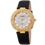 Akribos XXIV Women’s Quartz Diamond, Crystal, & Mother-of-Pearl Gold-Tone & Black Leather Strap Watch – AK1008BKG