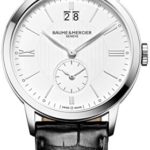 Baume & Mercier Classima Mens Dual Time Zone Watch – Classic 40mm Analog White Face with Big Date Stainless Steel Swiss Made Watch – Black Leather Band Quartz Luxury Dress Watches For Men 10218