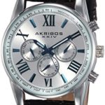 Akribos XXIV Men’s AK864SS Two Time Zone Silver Tone and Black Leather Strap Watch