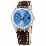 Swatch Blue Choco Blue Dial Clear Plastic Black Leather Quartz Men’s Watch GM415