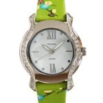 Pedre Women’s Silver-Tone Crystal Watch with Green Floral Asian Nylon Strap #6400SX