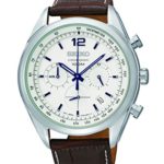 Seiko Chronograph White Dial Stainless Steel Brown Leather Mens Watch SSB095