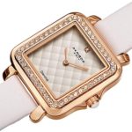 Akribos XXIV Women’s Swarovski Crystal Watch – Embossed Argyle Dial Diamond at 12 O’clock On Genuine Leather Strap – AK1106 (White)