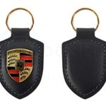 Genuine Key Chain Ring for Porsche Vehicle Keys (82mm x 43mm) Porsche Crest Keyfob with Fine Black Leather Fob for Porsche Owners