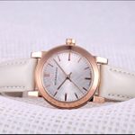 Burberry Women Watch The City Swiss Luxury Round Rose Gold Silver Dial White Leather Band 26mm BU9209