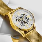 Stuhrling Original Mens Automatic Self Winding Skeleton Mechanical Dress Watch with Stainless Steel Mesh Bracelet (Gold)