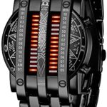 Binary Matrix Blue LED Digital Watch Mens Classic Creative Fashion Black Plated Wrist Watches (Black Red)