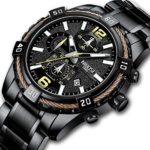 NIBOSI Men’s Chronograph Quartz Watch with Stainless Steel Strap Black Wristwatches for Men Calendar Date Watch