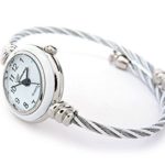 2Tone White Silver Cable Wire Band Women’s Bangle Cuff Watch