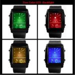 Men’s Rectangle Dial Sports Wrist Watches with 7 Colors Optional LED Backlight Multifunctional Alarm Stopwatch 12/24H Rubber Strap Watch (Black)