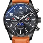 Mens Leather Automatic Watch Black Stainless Steel Date Sapphire Glass Waterproof Military Watch for Men (Brown Leater Band)