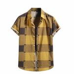 Mens Beach Blouse Short Sleeve Shirts Summer Cotton Linen Button-Down Blouse Tops Casual T Shirts Tees Tops (Yellow, M)