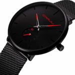 Mens Watches Ultra-Thin Minimalist Waterproof-Fashion Wrist Watch for Men Unisex Dress with Stainless Steel Mesh Band-Red Hands