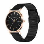 BUREI Men Watch Blak Ultra Thin Women Quartz Analog Wristwatch Date Calendar Stainless Steel Mesh Band