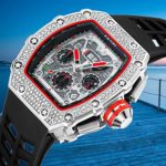 Mens Bling Punk Diamond Chronograph Watches Fashion Style Silicone Band Sports Wrist Watch (Black Silver)
