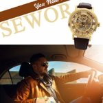 SEWOR Men’s Mechanical Skeleton Transparent Vintage Style Leather Wrist Watch (Gold)