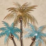 Touch of Class Sunset Paradise Tropical Palm Trees and Sailboat Hand Finished Metal Wall Art – Multi-Metallic – Aqua and Deep Gold Measures 30″ W x 2″ D x 40″ H