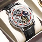 OLEVS Mens Automatic Watches Skeleton Tourbillon Self Winding Mechanical Genuine Black Leather Strap Luxury Dress Wrist Watch Sun Moon Luminous Waterproof