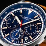 Stuhrling Original Chronograph Watch Men’s Watches 44mm Steel Case Blue Dial with Leather Strap Tachymeter 24-Hour Subdial