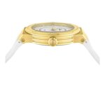 Ferragamo Mens Swiss Made Watch F-80 Collection Featuring Sporty White Silicone Adjustable Strap, Silver Guilloche Dial, Gold Tone Stainless Steel Case and Swiss Quartz Movement. Luminous Hands and