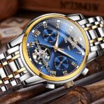 OLEVS Automatic Watch for Men Self Winding Mechanical Luxury Business Stainless Steel Multi Calendar Waterproof Luminous Wrist Watches (Blue)