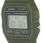 Casio Unisex Watch in Resin/Acrylic Glass with Date Display and LED Light – Water Resistance & Alarm, Green, 38.2 x 35.2 x 8.5 mm, Strap (F-91WM-3AEF)