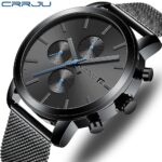 CRRJU Fashion Business Stainless Steel Watches for Men Luxury Auto Date Analog Quartz Mesh Band Wristwatches