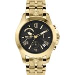 Versus Versace Mens Chrono Lion Chronograph Watch Box Set. Gold Adjustable Bracelet with Black Enamel Dial. Includes Interchangeable Genuine Leather Adjustable Black Strap.