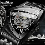 Winner Triangle Skeleton Watch Men’s Automatic Mechanical Luxury Watches Stainless Steel Waterproof Luminous Sports Wristwatch,Black Band Black case Round Inside