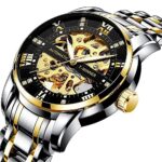 Men’s Watch Skeleton Mechanical Stainless Steel Waterproof Roman Numerals Diamond Dial Watch (W9005 Gold Black)