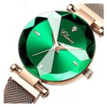 SENRUD Women’s Watches Fashion Shine Crystal Cutting Mirror Wrist Watch Rose Gold Stainless Steel Mesh Band Waterproof Analog Quartz Watches (A Green)