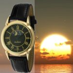 Peugeot Men’s 14k Gold Plated Dress Watch – Vintage with Lunar Window and Crocodile-Embossed Leather Strap