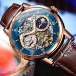 OLEVS Mens Automatic Watches Skeleton Tourbillon Self Winding Mechanical Genuine Brown Leather Strap Luxury Dress Wrist Watch Sun Moon Luminous Waterproof