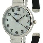 Geneva Saffiano Leather Bangle Watch with Silver White Face Dial (Black)