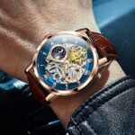 OLEVS Skeleton Watches for Mens Automatic Mechanical Self Winding Tourbillon Leather Strap Luxury Dress Moon Phase Wrist Watches Waterproof Luminous