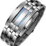 Gosasa Mens Binary Matrix Digital Watch Blue LED Classic Black Plated Bracelet Business Casual Waterproof Stainless Steel Watches (C Silver)