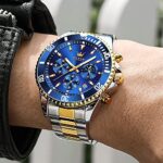 OLEVS Blue Watches for Men Classic with Date Business Dress Luxury Large Chronograph Waterproof Luminous Mens Wrist Watch Blue Male Watch Analog Two Tone Stainless Steel Reloj para Hombre