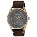 Citizen Men’s Eco-Drive Weekender Watch in Gold-tone Stainless Steel with Brow Leather Strap, Silver Dial (Model: BM6983-00H)