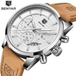 BENYAR Quartz Chronograph Waterproof Watches Business and Sport Design Leather Band Strap Wrist Watch for Men (Brown Silver White)